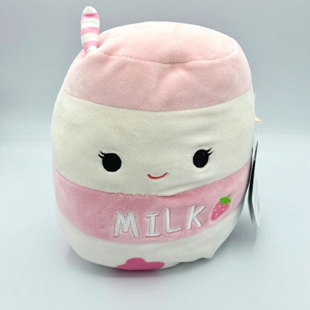 Squishmallows NWT 10” Amelie Strawberry Milk Cow Print Food Squad Foodie Plushie
